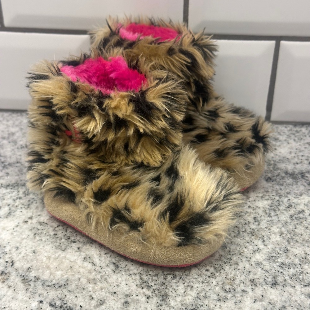 Justin Kids M 4/5 Slipper Boots Brown Leopard Faux Fur Pink Lining Cozy Bootie